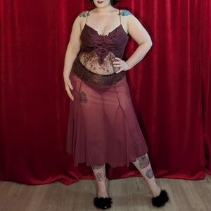 Vintage Jacalyn Bennett burgundy negligee with lace up bodice and tulle skirt- M